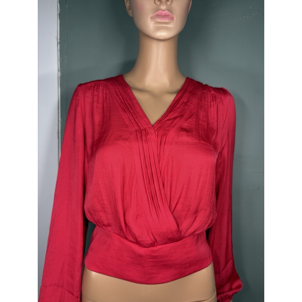 Rachel Roy Red Pleated V-Neck Long Sleeve Blouse for Women Size M